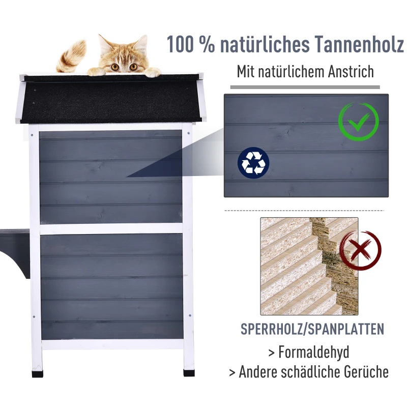 PawHut® Domek Dla Kota Ogrodowy Na Zewnątrz Budka Willa 2-Poziomowa Dach Asfaltowy Lite Drewno Szary
