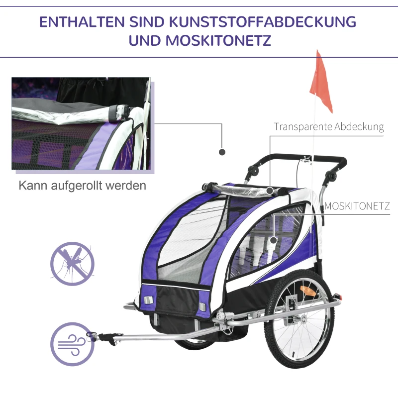 HOMCOM Kinderanhänger Fahrradanhänger Kinder Anhänger für 2 Kinder Regenschutz atmungsaktiv Lila-Schwarz 155 x 88 x 108 cm