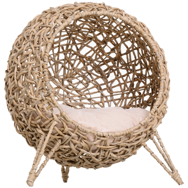 PawHut Katzenhaus aus PE-Rattan mit Kissen Katzenschlafplatz Katzenhöhle mit erhöhten Füßen Natur Ø52 x 58 cm