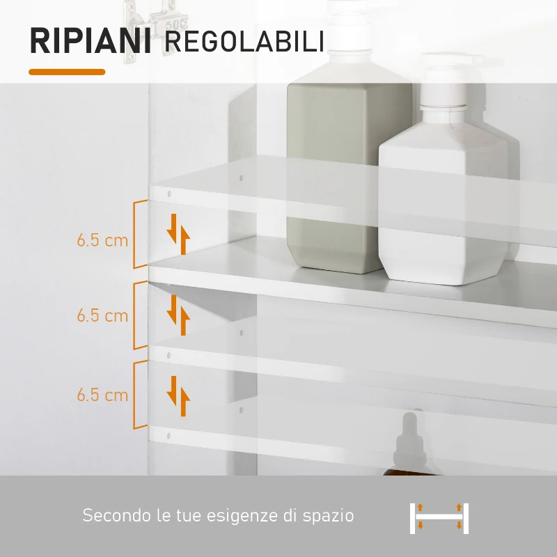 kleankin Specchio Contenitore Bagno, Pensile Bagno in Legno Bianco e Rovere, Mobile Salvaspazio 60x20.5x75cm