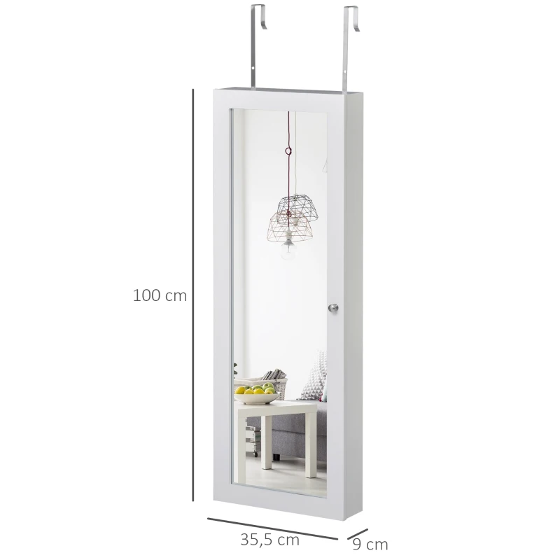 HOMCOM Armadietto Portagioie a Muro con Specchiera, Armadio Porta Gioielli, Organizzatore per Gioielli da Parete in Legno, Bianco