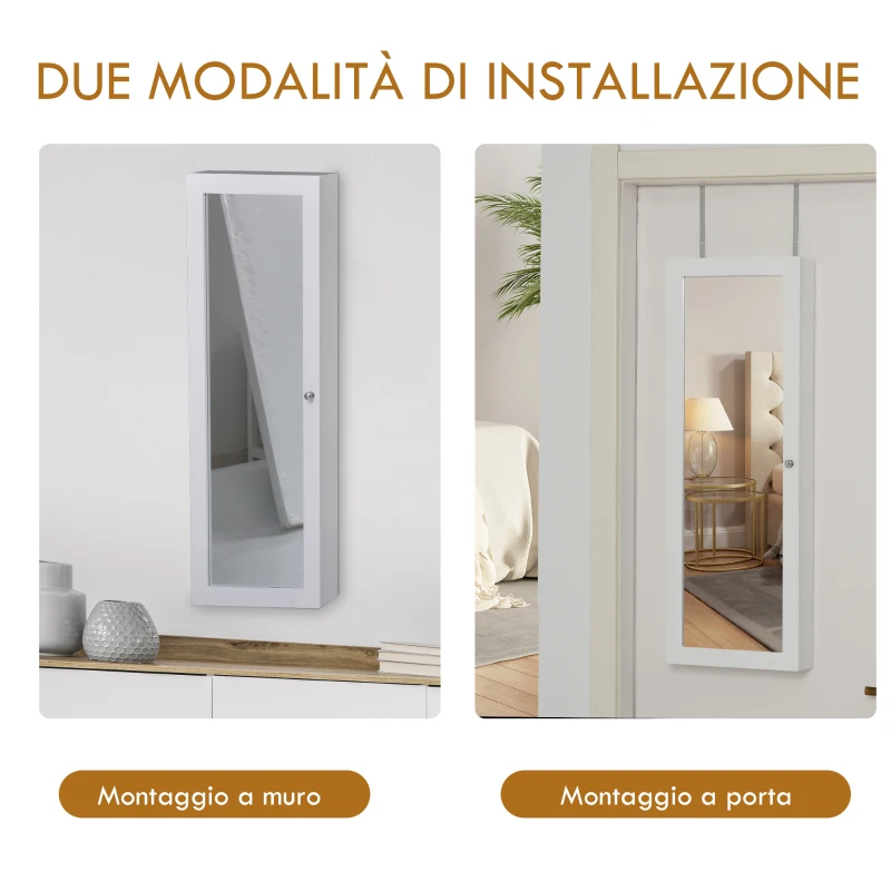 HOMCOM Armadietto Portagioie a Muro con Specchiera, Armadio Porta Gioielli, Organizzatore per Gioielli da Parete in Legno, Bianco