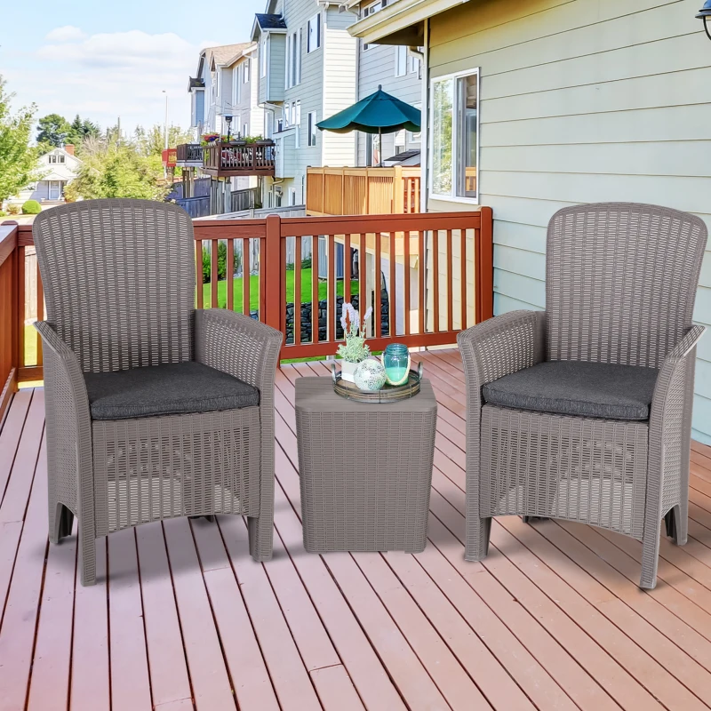 Outsunny 3 PCs Rattan Effect Bistro Set, Outdoor Wicker Weave Furniture w/ 2 Cushioned Chairs, 1 Storage Function Coffee Table for Garden, Patio, Furniture - Grey