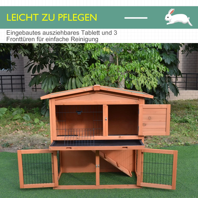 PawHut konijnenhok met twee niveaus met glijbaan konijnenhok met twee verdiepingen konijnenkooi vurenhout, lichtrood 100,5 x 55 x 101 cm