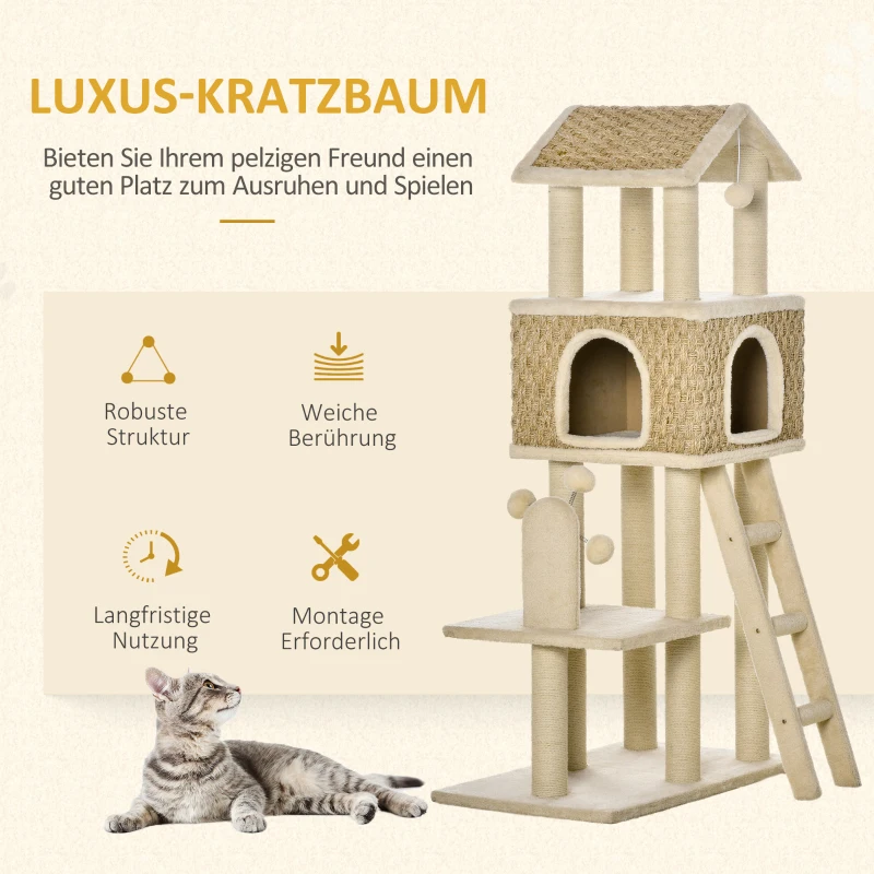 PawHut Krabpaal met Kattenhol incl. Speelgoed Sisal Pluche Khaki + Beige + Koffie