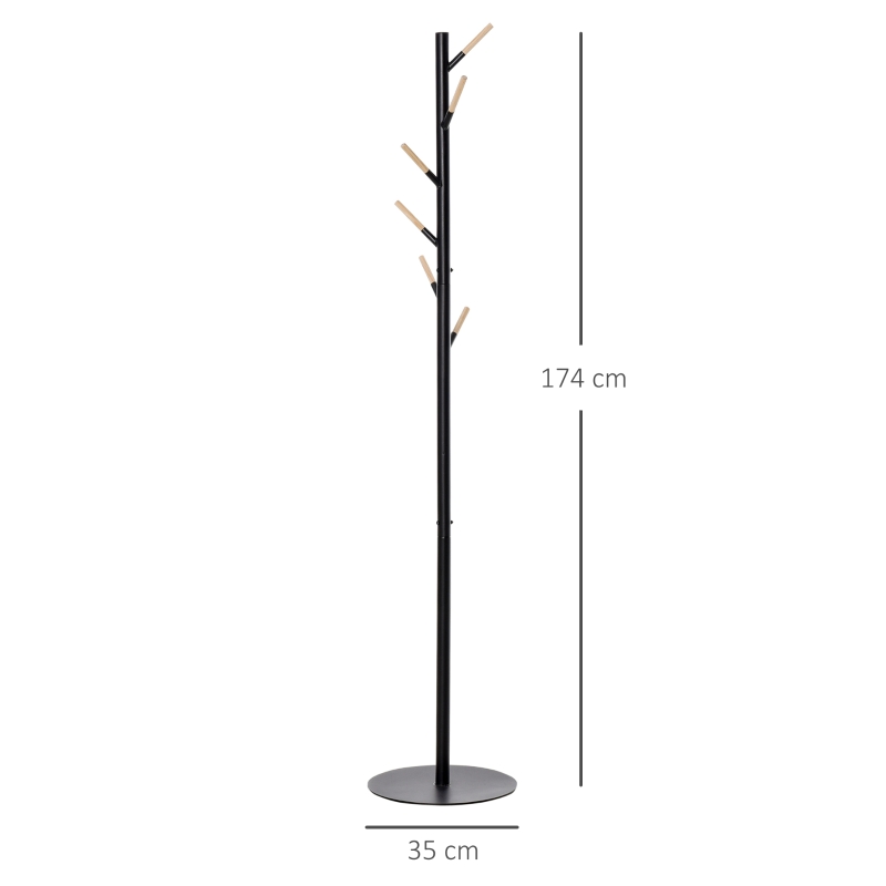HOMCOM Coat Rack, 174cm Free Standing Coat Stand with 6 Hooks and Round Base, Clothes Tree Hat Display for Hallway, Bedroom, Black
