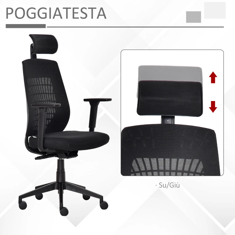Vinsetto Sedia da Ufficio Ergonomica con Poggiatesta, Altezza Regolabile e Inclinazione, Poltrons Girevole con Ruote, 67x64x118-126cm, Nero