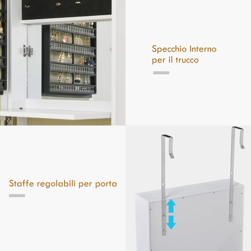 HOMCOM Armadietto Portagioie a Muro con Specchiera, Armadio Porta Gioielli, Organizzatore per Gioielli da Parete in Legno, Bianco