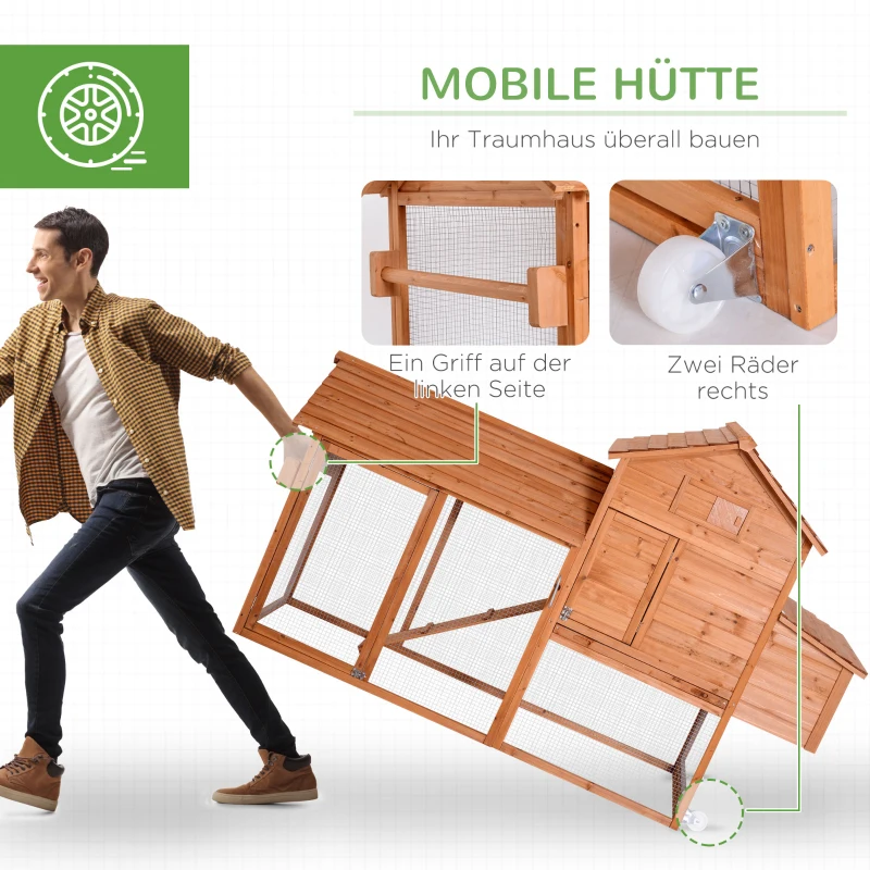 Mobilny kurnik PawHut z kołami i skrzynką niosek, Kurnik dla kur, klatka dla królików, dom dla małych zwierząt, kurnik dla drobiu z drążkiem, drewno sosnowe i siatka metalowa, pomarańczowy, 213 x 91 x 122 cm