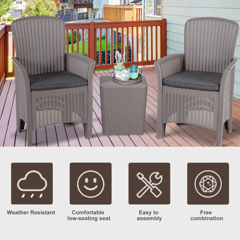Outsunny 3 PCs Rattan Effect Bistro Set, Outdoor Wicker Weave Furniture w/ 2 Cushioned Chairs, 1 Storage Function Coffee Table for Garden, Patio, Furniture - Grey