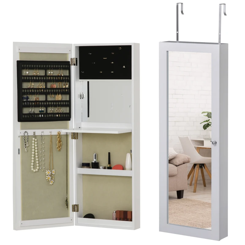 HOMCOM Armadietto Portagioie a Muro con Specchiera, Armadio Porta Gioielli, Organizzatore per Gioielli da Parete in Legno, Bianco