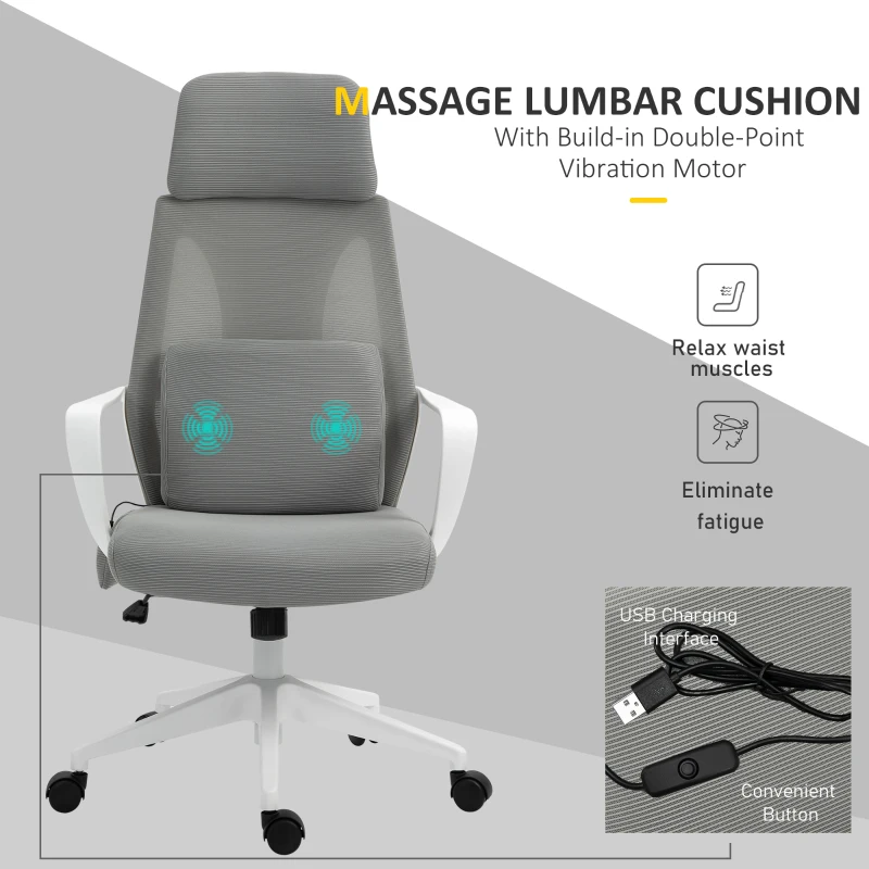 Vinsetto Mesh Massage Office Chair w/Pillow&Headrest Adjustable Height High Back Rocking Armrest Home Office Grey