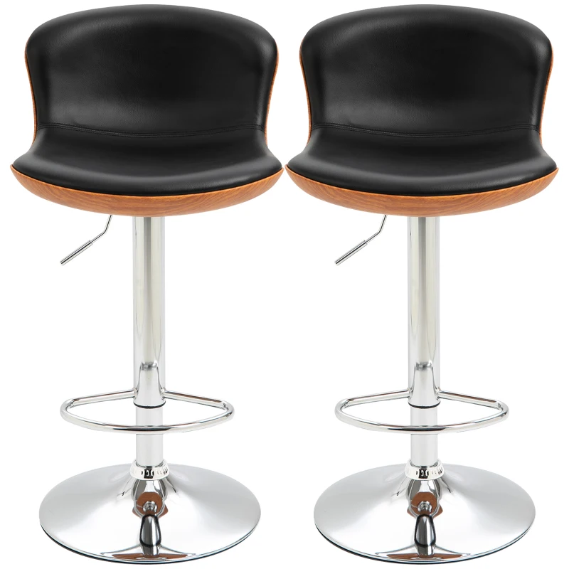 HOMCOM Set Of 2 PU Leather Rounded Tub Bar Stools Adjustable Height Swivel w/ Steel Base Footrest Stylish Modern Unique Home Cafe Seating Swivel Black