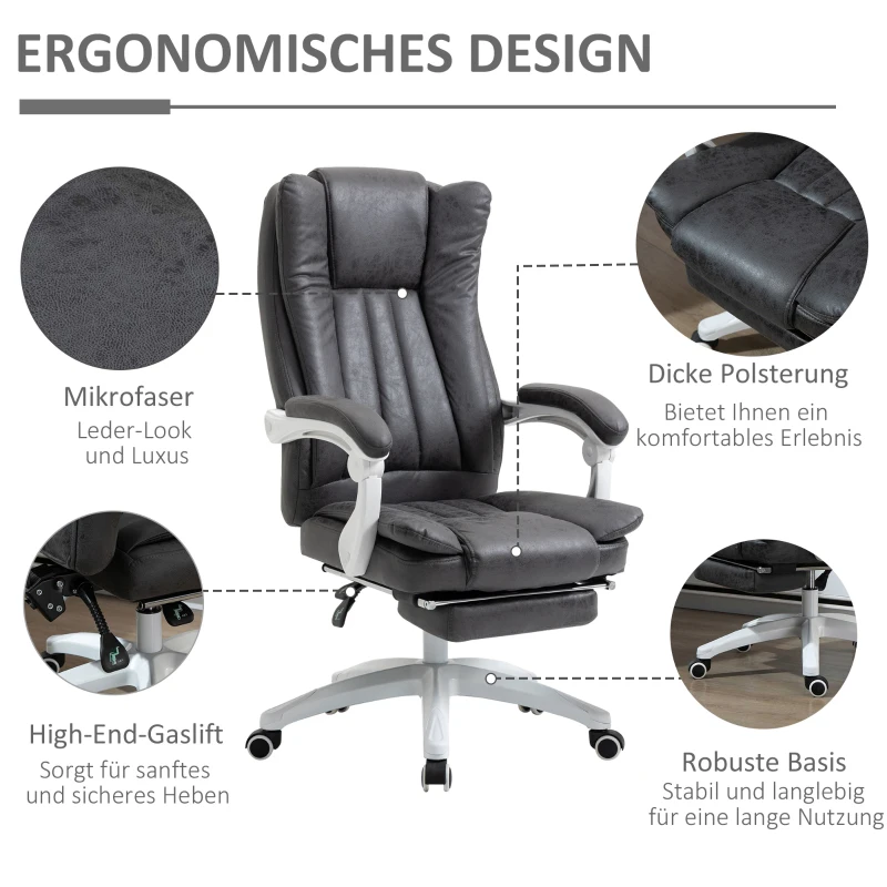 Vinsetto Bürostuhl Drehstuhl mit Liegefunktion Fußstütze Bürosessel Sitzhöhenverstellung Stuhl Schreibtischstuhl Mikrofaser Kunststoff Metall Nylon Schwarz+Dunkelgrau 63 x 71 x 110-118 cm