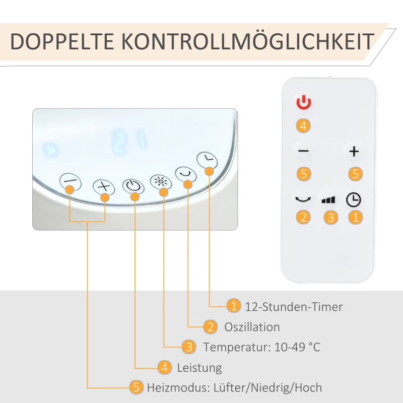 HOMCOM Heizgerät Heizlüfter 2000W Elektroheizer Keramik Heizturm mit Fernbedienung 12-Stunden-Timer Oszillation Heizer Heizung Kunststoff Weiß Ø15,1 x 50,9H cm