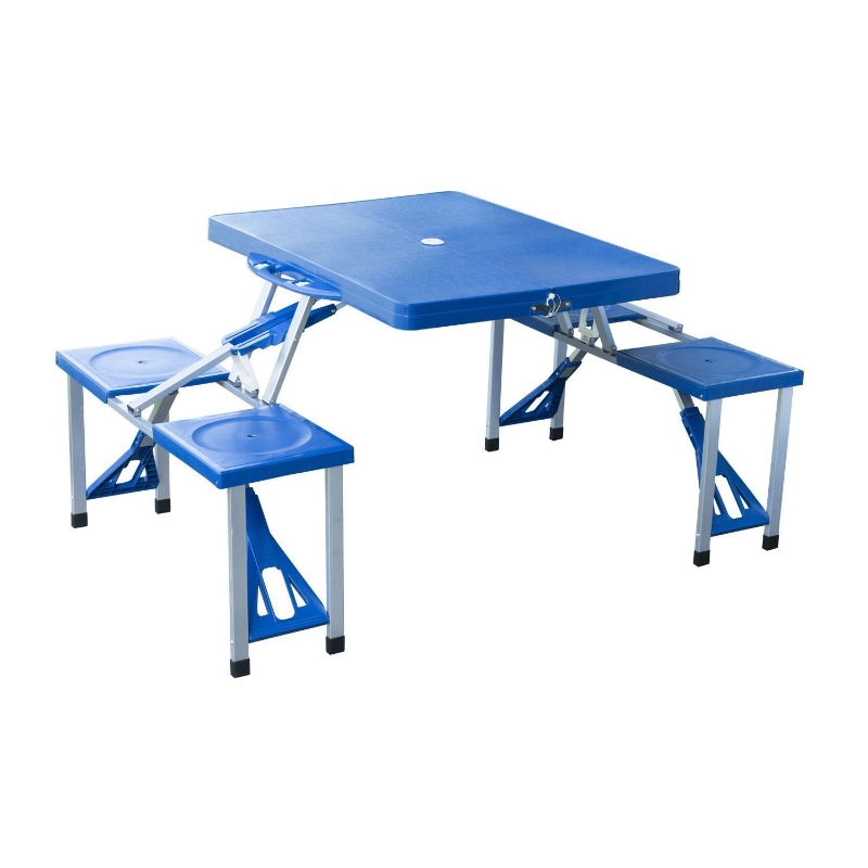 Outsunny Alu Campingtisch Picknick Bank Sitzgruppe Gartentisch mit 4 Sitzen klappbar Blau 135,5 x 84,5x 66 cm
