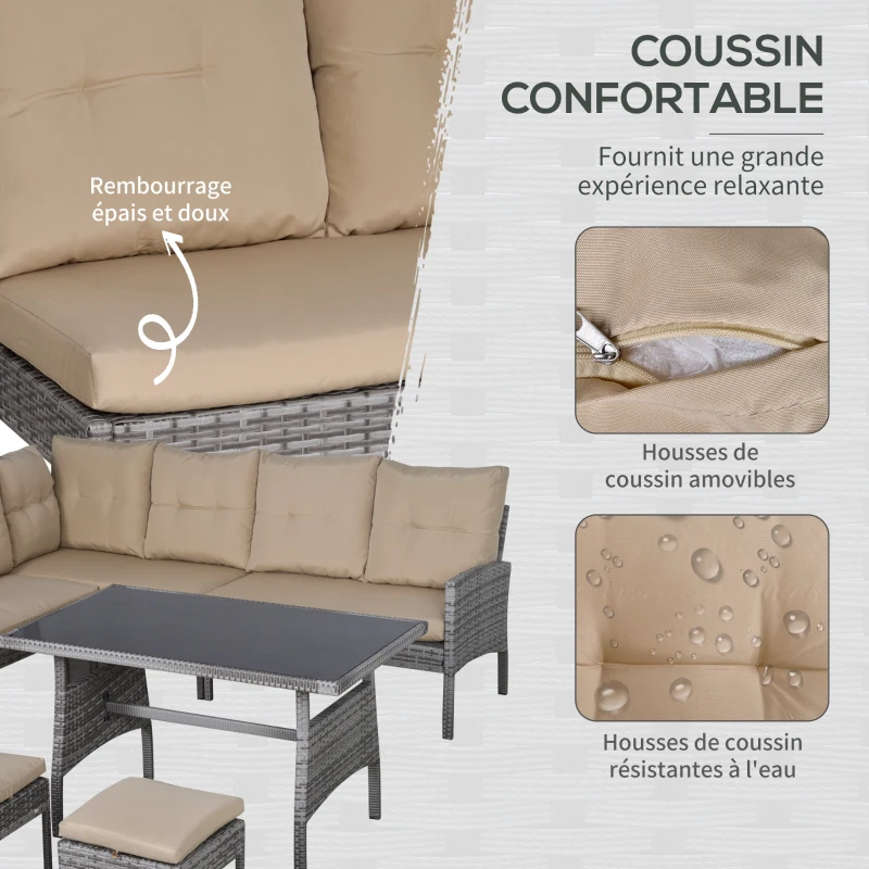 Outsunny Salon de jardin 6 pers. grand confort canapé d'angle + 2 poufs + table à manger coussins assise & dossier fournis résine tressée grise