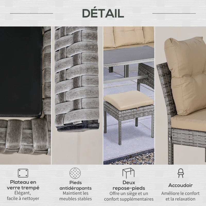 Outsunny Salon de jardin 6 pers. grand confort canapé d'angle + 2 poufs + table à manger coussins assise & dossier fournis résine tressée grise