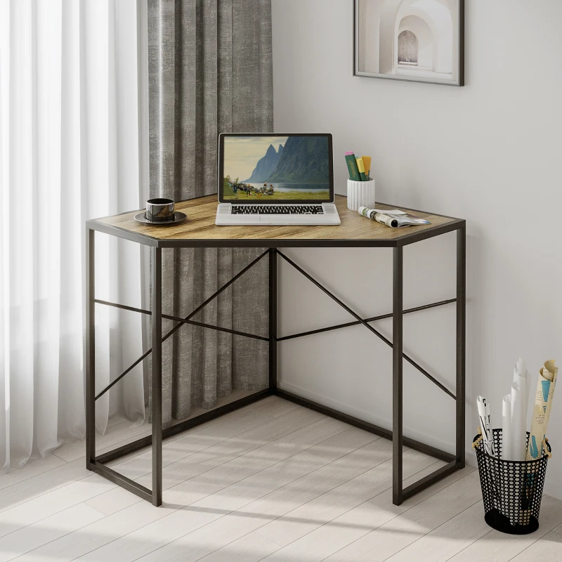 HOMCOM Bureau d'angle Table de travail Style Industriel cadre en métal et Plateau en bois - dim. 80L x 80l x 77,5H cm