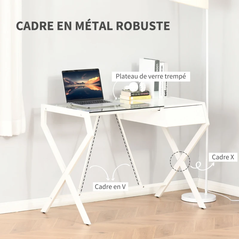 HOMCOM Bureau Informatique Table d'Ordinateur Simple cadre métal - plateau en Verre et  Bois Blanc