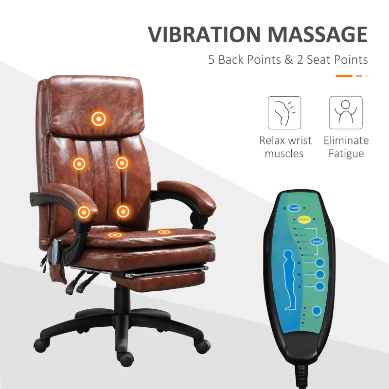 Vinsetto High Back Office Chair, Gaming Recliner Chair with Footrest, 7 Massage Points, Adjustable Height, Reclining Back, PU Leather, Brown