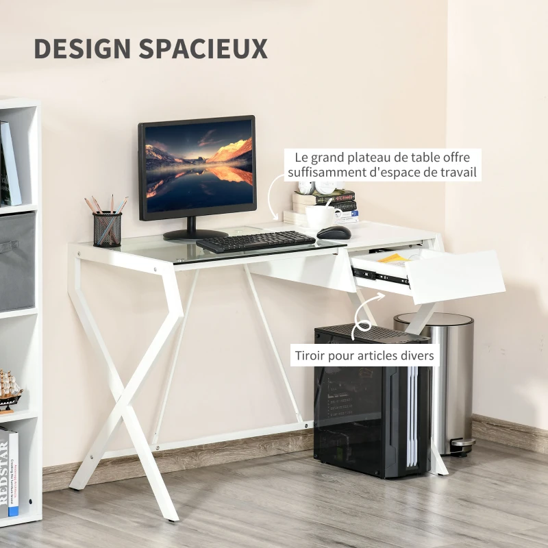 HOMCOM Bureau Informatique Table d'Ordinateur Simple cadre métal - plateau en Verre et  Bois Blanc