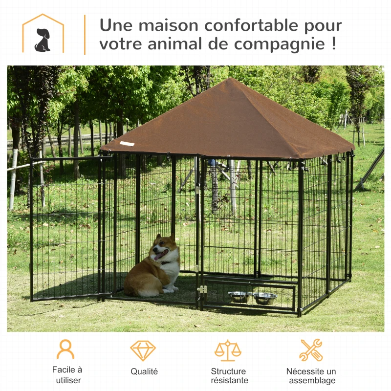 PawHut Chenil extérieur pour Chiens en métal et Tissu Oxford avec Support gamelle et Toit résistant aux intempéries Espace spacieux 141 x 141 x 151 cm Noir