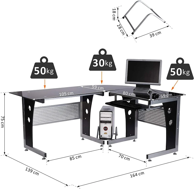 HOMCOM Glass Corner Computer Desk for Home Office Furniture Workstation New PC Black
