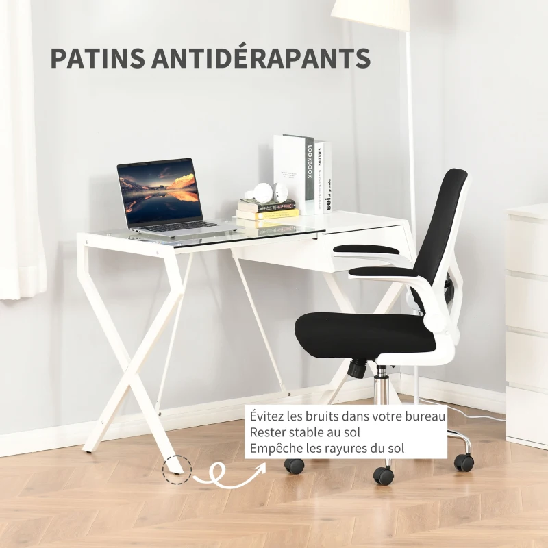 HOMCOM Bureau Informatique Table d'Ordinateur Simple cadre métal - plateau en Verre et  Bois Blanc