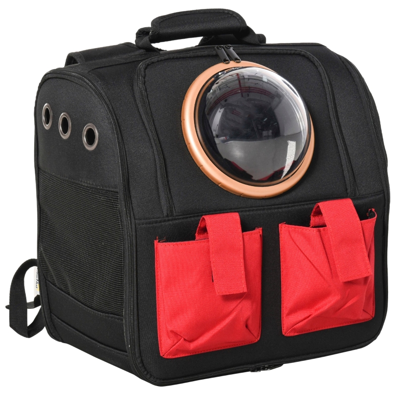 PawHut Haustier Rucksäcke mit transparentem Fenster faltbar Gepäckträger Transporttasche Oxford-Gewebe PE EVA Schwarz+Rot 38 x 24 x 38cm