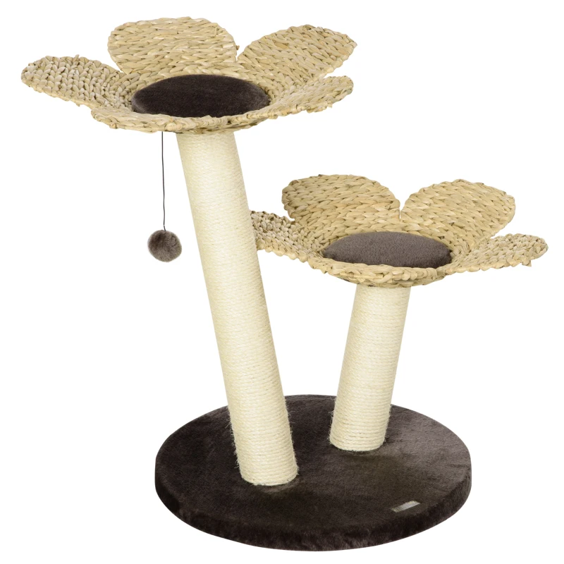 PawHut Árvore Arranhador para Gatos Médios Altura 69cm Torre para Gatos com Cama com Forma de Flor Poste de Sisal e Bola Suspensa para Brincar 50x50x69cm Marrom e Creme