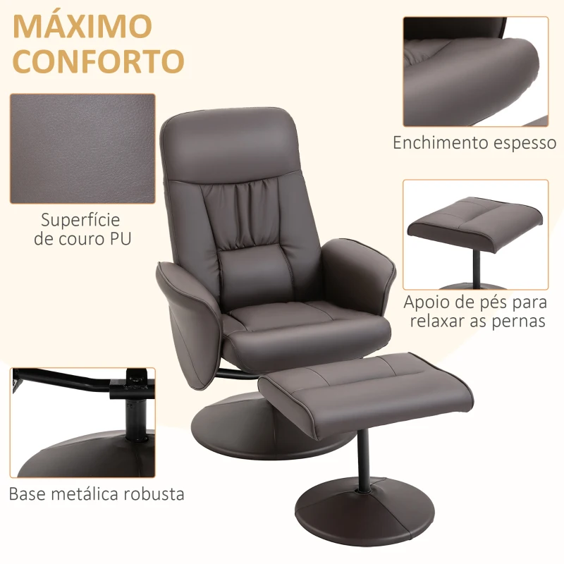 HOMCOM Poltrona Relax com Apoio para os Pés Estofada em PU Poltrona Relax Reclinável até 145° e Giratório 360° com Encosto Ajustável para Sala de Estar Dormitório Escritório 81x81x105cm Marrom