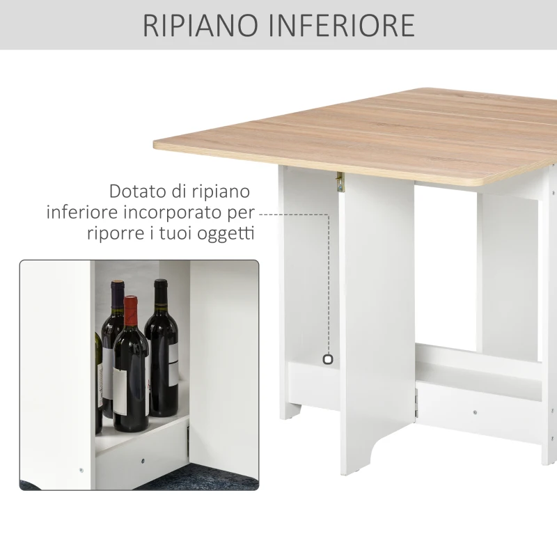 HOMCOM Tavolo Consolle a Ribalta con Vano Mensola, Tavolino da Salotto e Cucina, Tavolo a Ribalta, Pieghevole, Salvaspazio, Color Legno e Bianco, 118x80x72cm