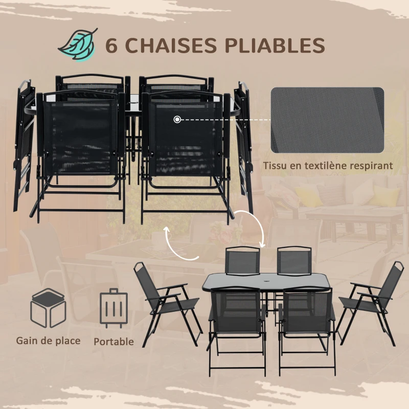 Outsunny Ensemble salon de jardin 8 pièces avec grand parasol, table dim.140L x 90l x 70H cm et chaises pliantes pour 6 personnes - métal époxy textilène polyester noir