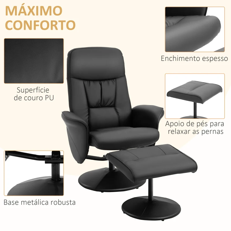 HOMCOM Poltrona Relax com Apoio para os Pés Estofada em PU Poltrona Relax Reclinável até 145° e Giratório 360° com Encosto Ajustável para Sala de Estar Dormitório Escritório 81x81x105cm Preto