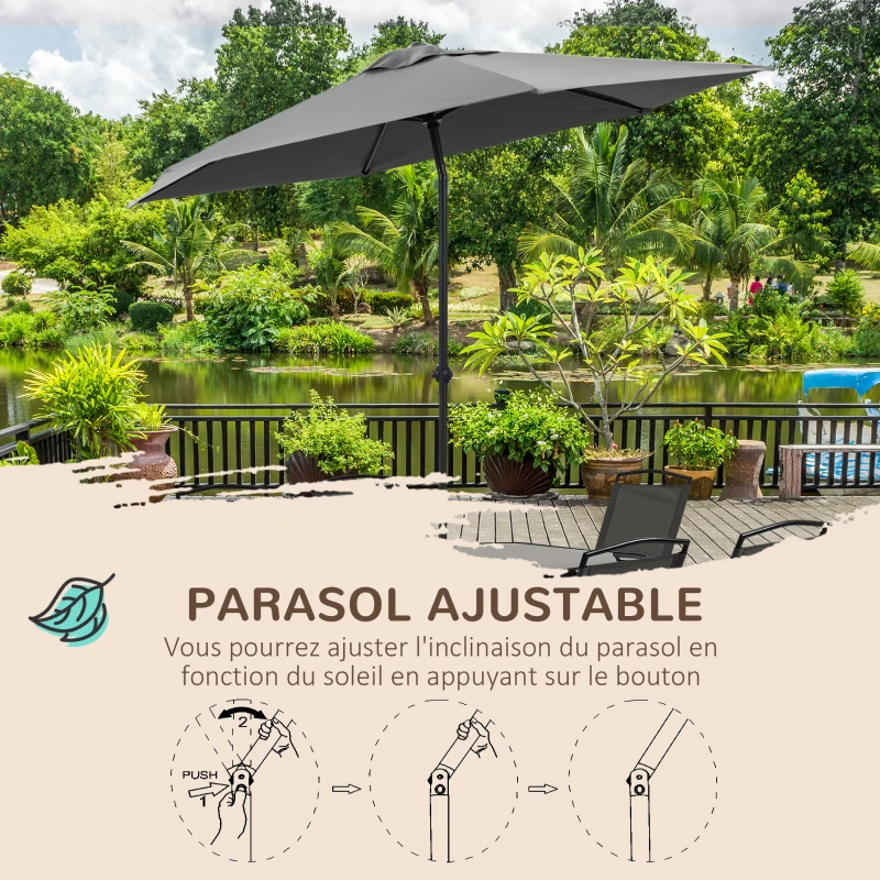 Outsunny Ensemble salon de jardin 8 pièces avec grand parasol, table dim.140L x 90l x 70H cm et chaises pliantes pour 6 personnes - métal époxy textilène polyester noir