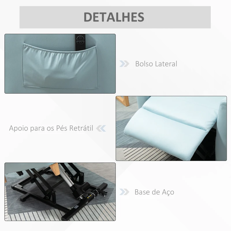 HOMCOM Poltrona Relax Reclinável Poltrona Levanta Pessoas Estofada em Microfibra com Reclinação 143° USB Apoio para a Cabeça Ajustável Apoio para os Pés e Bolso Lateral Carga Máxima 150kg 81x91x103 cm Azul