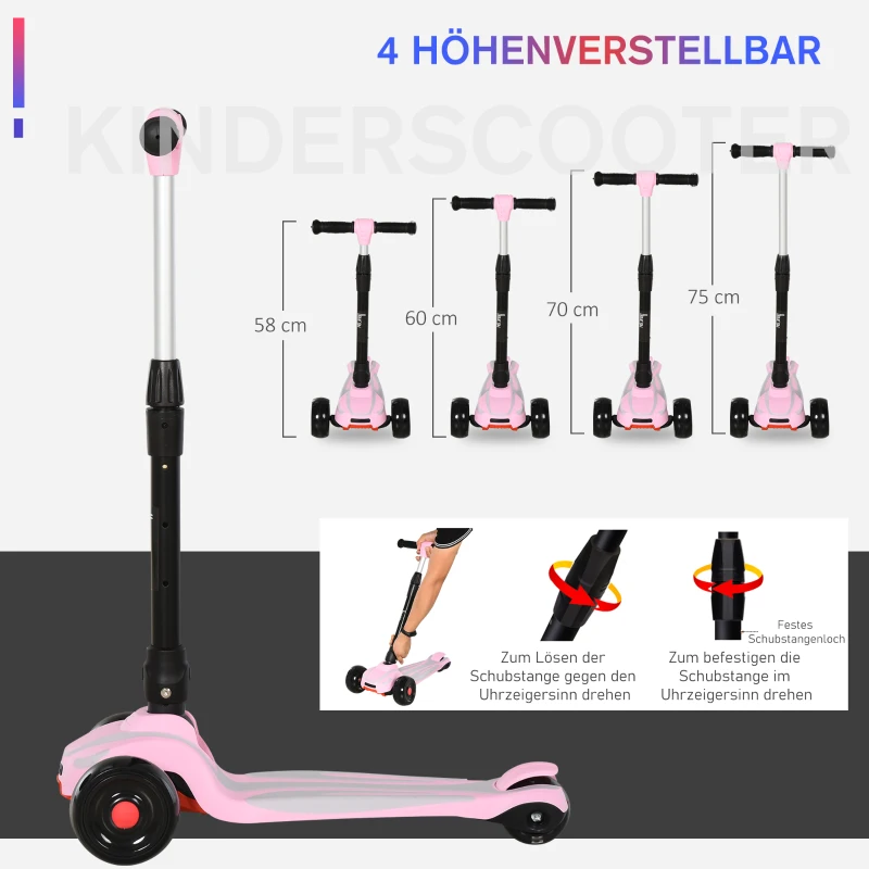 HOMCOM step scooter stadsscooter verstelbaar inklapbaar voor 3-6 jaar aluminium roze