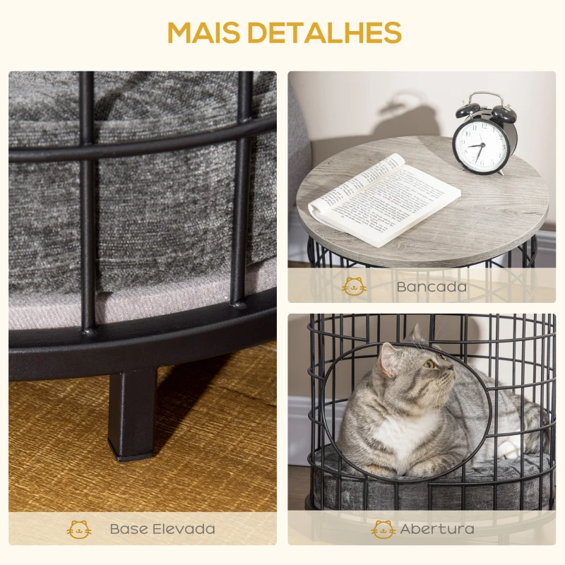 PawHut Mesa de Apoio com 1 Orifício para Gatos Pequenos com Almofada Lavável 40x40x40cm Preto e Cinza