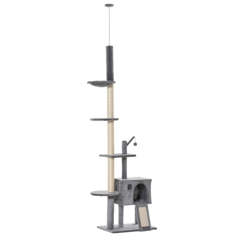 PawHut Kratzbaum Katzenbaum Deckenhoch Kletterbaum mit Spielbaum Katze Sisal Plüsch Hellgrau höhenverstellbar 60 x 40 x 238-270 cm