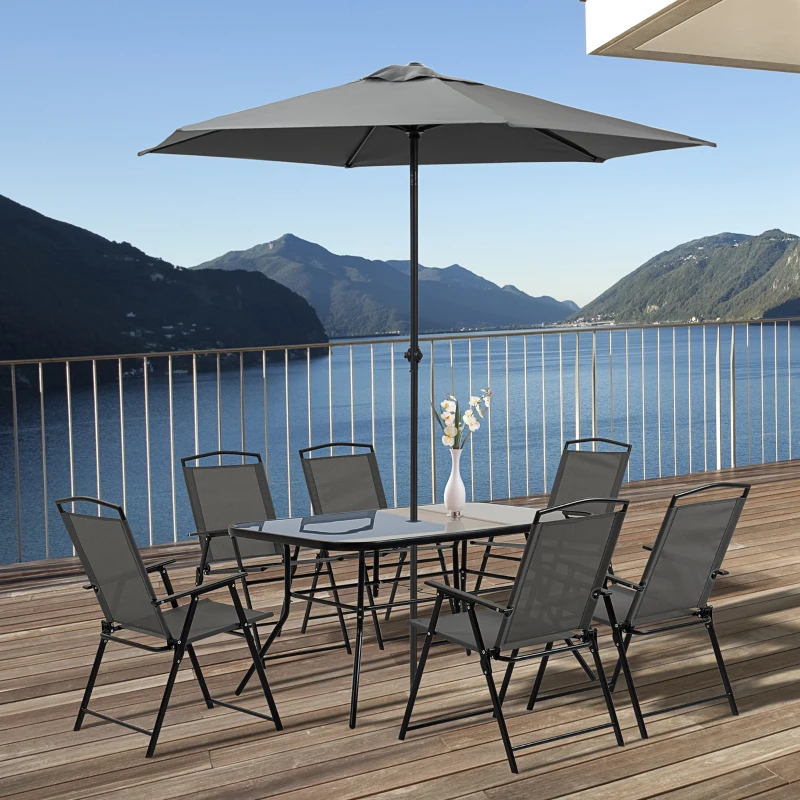 Outsunny Ensemble salon de jardin 8 pièces avec grand parasol, table dim.140L x 90l x 70H cm et chaises pliantes pour 6 personnes - métal époxy textilène polyester noir