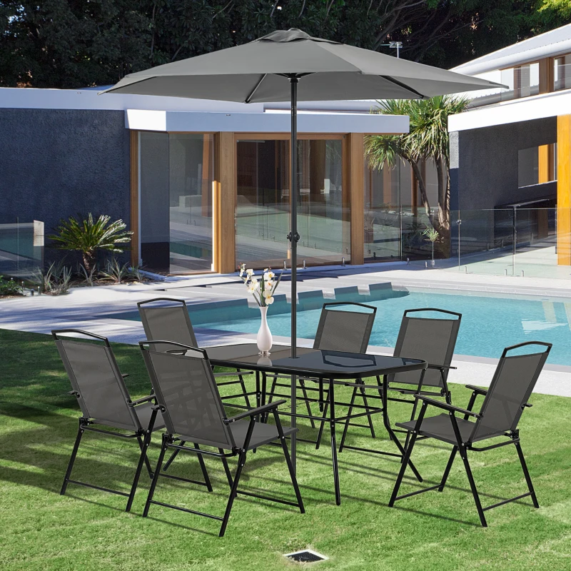 Outsunny Ensemble salon de jardin 8 pièces avec grand parasol, table dim.140L x 90l x 70H cm et chaises pliantes pour 6 personnes - métal époxy textilène polyester noir