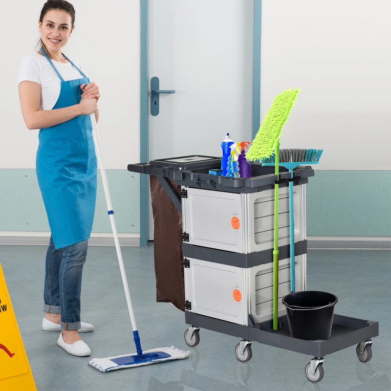 HOMCOM Putzwagen Reinigungswagen Wischwagen Systemwagen mit 4 Gummirollen Grau + Braun, 131 x 56 x 93 cm