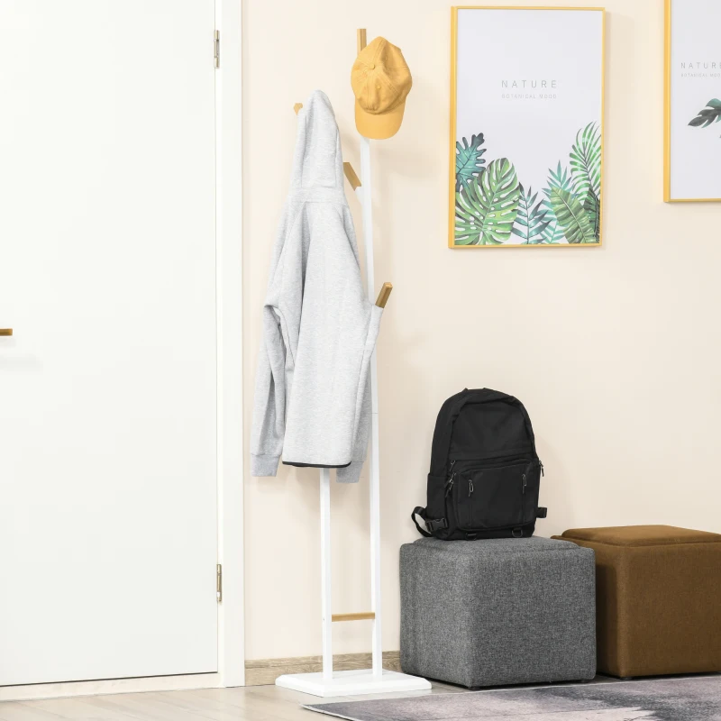 HOMCOM Garderobenständer Standgarderobe mit 8 Haken Kleiderständer weiße Metallrahmen und Bambus-zweige Wohnzimmer Eingangsbereich Schlafzimmer Mantel Handtaschen 34 x 30 x 183 cm