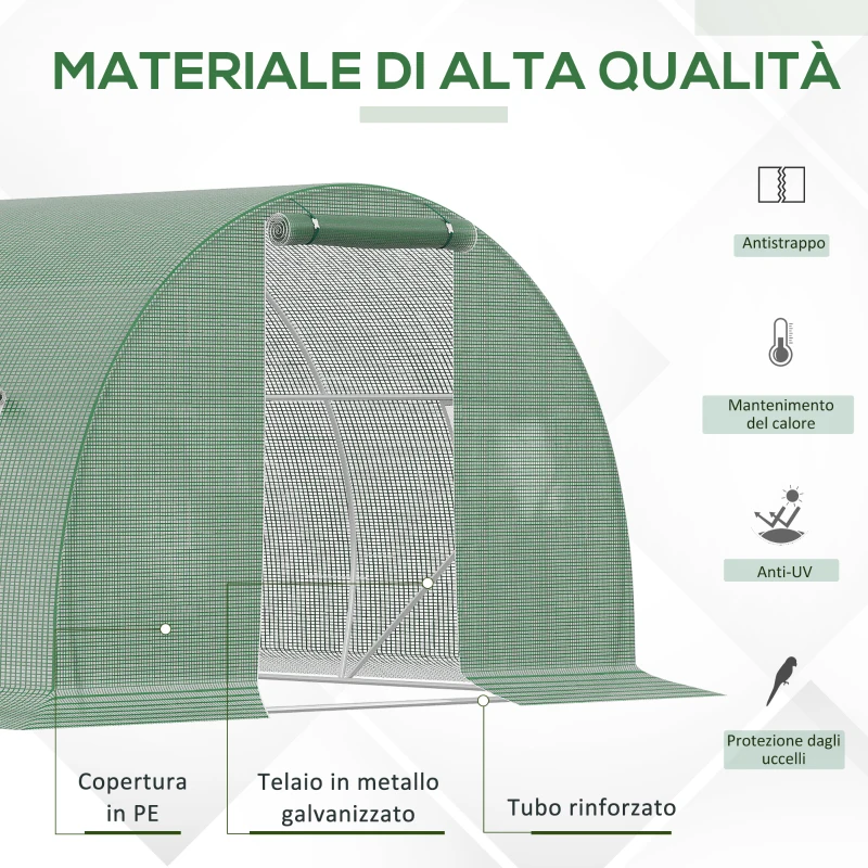 Outsunny Serra a Tunnel da Esterno 4.5x3x2m con Copertura in PE, Porta con Cerniera e 6 Finestre, Verde