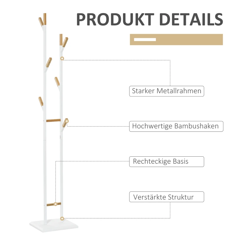 HOMCOM Garderobenständer Standgarderobe mit 8 Haken Kleiderständer weiße Metallrahmen und Bambus-zweige Wohnzimmer Eingangsbereich Schlafzimmer Mantel Handtaschen 34 x 30 x 183 cm