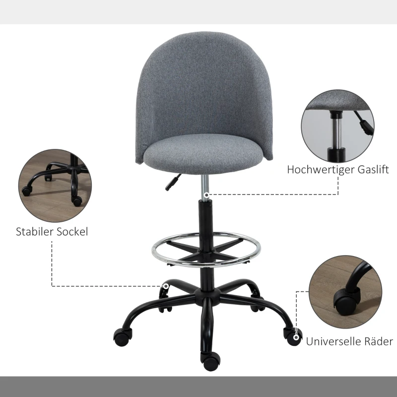 Vinsetto Arbeitsstuhl, Bürostuhl, Zeichenstuhl, Stuhl mit Rollen, Ergonomisches Design, höhenverstellbar, Polyester, Schaumstoff, Nylon, Kunststoff, 51 x 51 x 105-125 cm