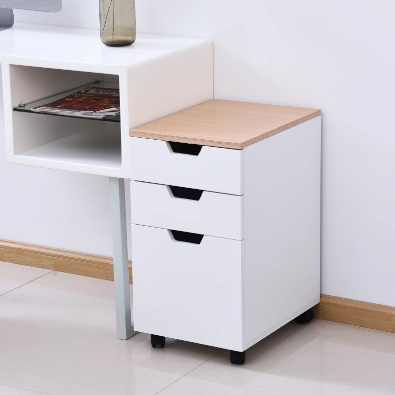 HOMCOM Rollcontainer, Bürocontainer mit 3 Schubladen, Büroschrank, Aufbewahrung, Container,4 Universalräder, Spanplatte, Weiß+Natur, 34 x 40 x 60,5 cm