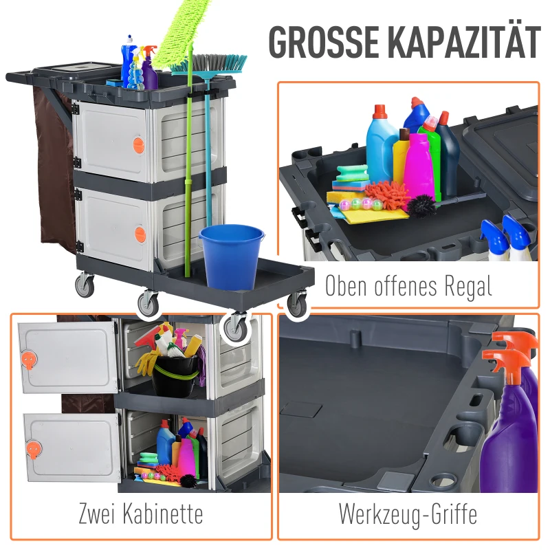 HOMCOM Putzwagen Reinigungswagen Wischwagen Systemwagen mit 4 Gummirollen Grau + Braun, 131 x 56 x 93 cm