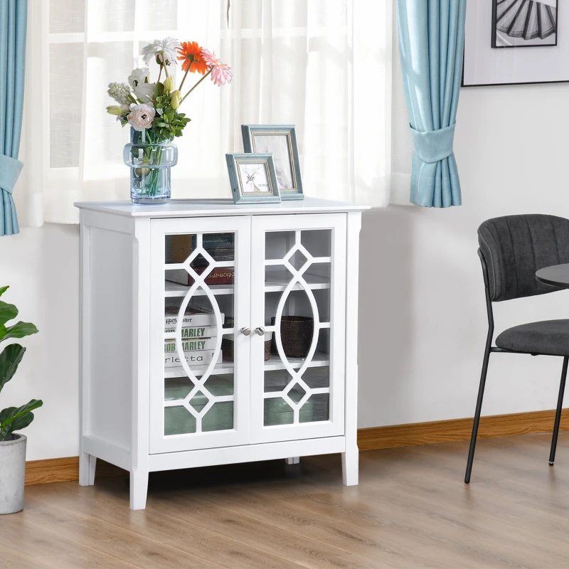 HOMCOM Kommode Sideboard Vitrinenschrank Küchenschrank Unterschrank Badzimmerschrank Bücherschrank Einlegeböden verstellbar MDF Glas weiß elegant 75,4 x 39,4 x 81,5 cm